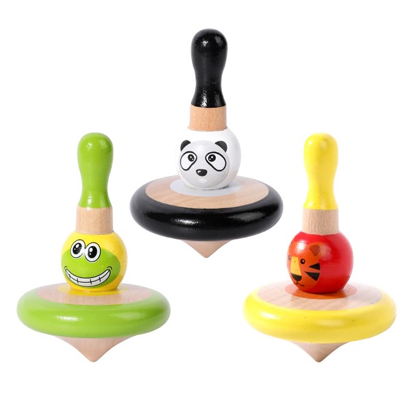 WODI 4PCS Wooden Spinning Tops - Adorable Animal Gyroscope Toys