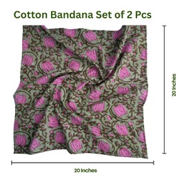 Third Eye Export 100% Cotton Hand Block Printed Black Bandana Head Scarf & Head Wraps Bandanas For Women/Men 20"X20" Inches Pack Of 2 Pcs (Neutral Green and Mangala Pink)