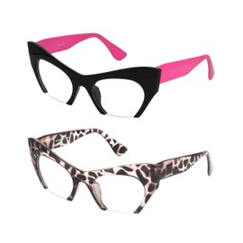 FLAWLESS EYEWEAR Cat Eye Eyeglasses Women Retro Vintage Razor Clear Lens Style Half Cut Off Frame (2 PACK: Black Pink - Black Tortoise)