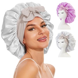 2 Piezas Gorro de Satin para Dormir, Ajustable Gorra de Seda para Dormir, Gorro de Satin para Dormir Cabello Rizado, Plata y Morado