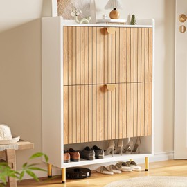 astimey Shoe Storage Cabinet with 2 Flip Drawers 46'' Tall, 7-Tier Hidden Shoe Organizer, Narrow Shoe Rack Cabinet, Freestanding Organizer for Entryway/Hallway/Closet, Wood