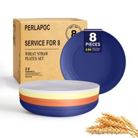 Perlapoc Wheat Straw Plates Deep Dinner Plates Set of 8 | Alternative to Plastic Plates Reusable | Unbreakable Kids Plates 8 Inch | Microwave and Dishwasher Safe Kitchen Plates - Mondrian