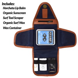 Open Road Goods Surfer Gift, Surf Kit | Wax Holder Container with Surf Wax, Organic Reef Safe Sunscreen Face Stick, Horchata Lip Balm, Wax Scraper with Fin Key | Surf Accessory (Blue, Matunas - Warm)