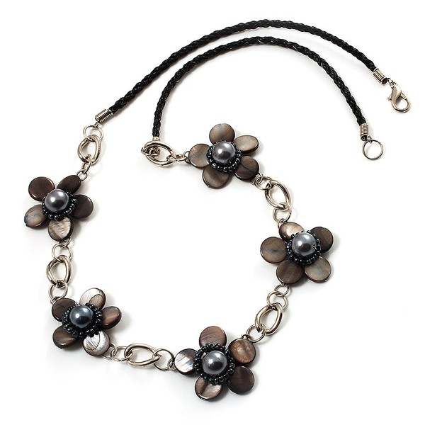 Avalaya Delicate Dark Grey Shell Floral Leather Cord Necklace -