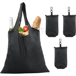 4 bolsas de la compra plegables con bolsa adjunta, negro, lavables, duraderas y ligeras, 48 x 36,5 cm, bolsa de la compra reutilizable, para la compra diaria de alimentos, Negro, L