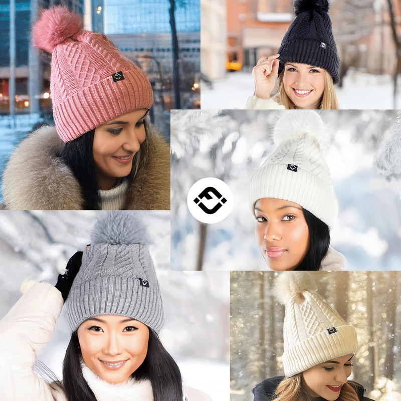 Funky Junque Cable Knit Fleece Lined Pom Beanie - Beige