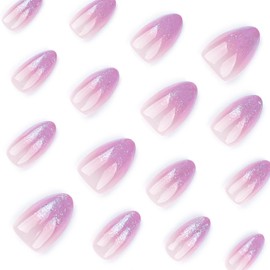 Purple Glitter Press on Nails Short Almond Shape Fake Nails Purple Gradient Glue on Nails Glossy Acrylic Nails Full Cover Short Nails Almond Nails Glue on Reusable Stick on Nails for Women 24PCS