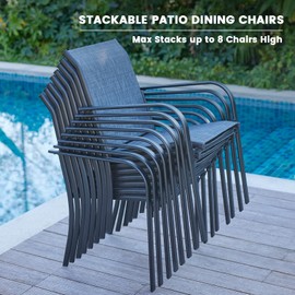 VICLLAX Patio Stackable Dining Chairs Set for 4, Outdoor Metal Frame Dining Chairs for Front Porch Backyard Garden and Deck, Black Grey