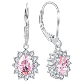 YFN Birthstone Earrings Sterling Silver Oval Drop Dangle Lever Arm Earrings Jewellery Gifts for Women, Sterling Silver, Cubic Zirconia