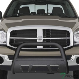 Matte Black Studded Mesh Bull Bar Brush Push Front Bumper Grill Grille Guard With Skid Plate Compatible With 06-08 Dodge Ram 1500