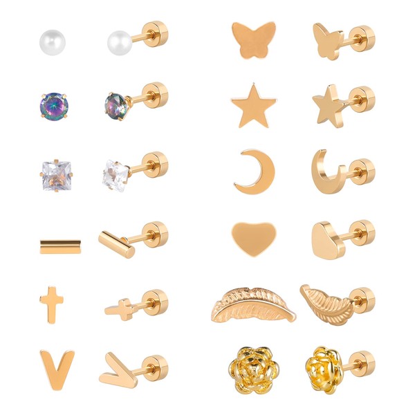 12 Pairs Surgical Stainless Steel Flat Back Stud Earrings for