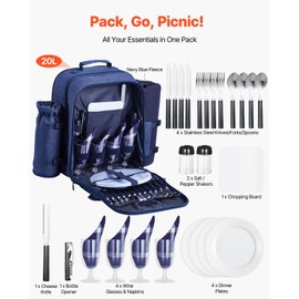 Happybuy Navy Blue Picnic Backpack for 4 - Includes Insulated Cooler, Detachable Wine Holder, Blanket & Complete Dining Set for Outdoor Adventures