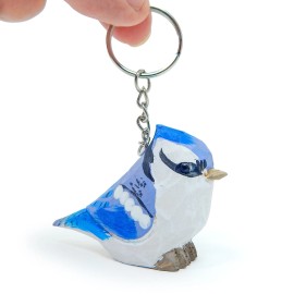 Blue Jay Keychain Ring Hook Clip Crested Jaybird Charm Miniature Wood Figurine