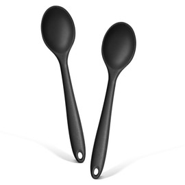 E-far Silicone Cooking Spoon Set of 2, Heat Resistant Kitchen Spoons Utensils Nonstick Mixing Spoon for Baking Stirring Serving, Non-Toxic & Dishwasher Safe (Black)