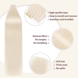 TESS Tape Extensions Real Hair #70 Platinum Blonde 60 cm Real Hair Extensions 20 Pieces Straight Remy Tape-In Hair Extensions for Hair Thickening (20 Wefts #70 Platinum Blonde)