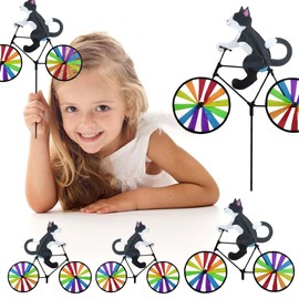 Windmill Garden Decoration Windmill Rotating Cat Dog Bicycle Design Rainbow Windmill Toy Outdoor Toy Gardening DIY Decoration (Black Cat)