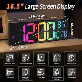 Mee 2ou 16.5" Large LED Wall Clock with Bluetooth Sync, Night Light, DST, 2 Alarms, RGB Color, Temperature, Remote Control, 12/24H, Timer for Living Room, Bedroom, Desk, Gift for Mother Father Elderly
