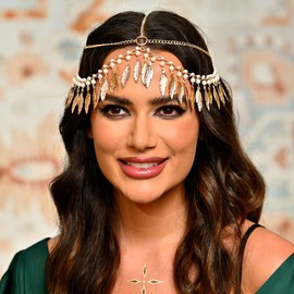Handcess Boho Head Chain Gold Tassel Headpiece Festival Beads Headband Bridal Hair Accessories Hair Chain Jewellery for Women and Girls