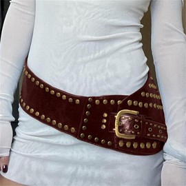 Women Wide Boho Disc Leather Belt Vintage Western Chunky Oval Concho Belt Y2k Grunge Accessories (C-Brown, One Size)