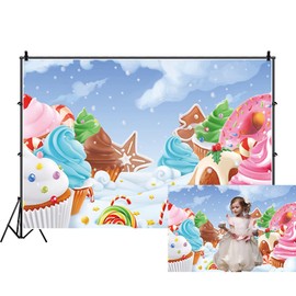 Renaiss 5x3ft Winter Candyland Backdrop Cartoon Sweet Dessert Ice Cream Cupcakes Donut Lollipop Snow Photography Background Kids Baby Shower Candy Theme Birthday Party Decor Photo Studio Props