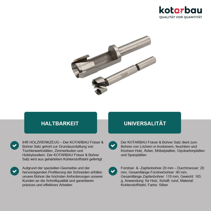KOTARBAU® Milling Cutter & Drill Bit Set 20 mm Wood