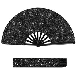 HINGTAI Black Plastic Glitter Fan with Strap Large Line Dance Fan Science Size for Men Women Suitable for Music Festivals, Dance Parties, Clubs and Other
