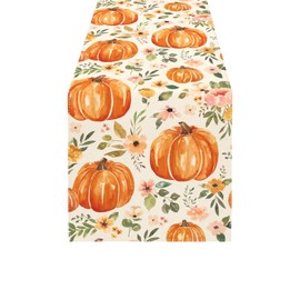 Fall Pumpkins Table Runner, Thanksgiving Table Runner, Watercolor Plant Pumpkin Table Decoration for Home Kitchen Dinner Party Decor , 13x72 Inch