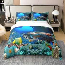 100% Natural Cotton Sea Turtle Duvet Cover, 3D Turtle Ocean Sea Animal Bedding Set 135 x 200 cm, Underwater Oasis Quilt Cover, Fish Reptile Marine Hawaii