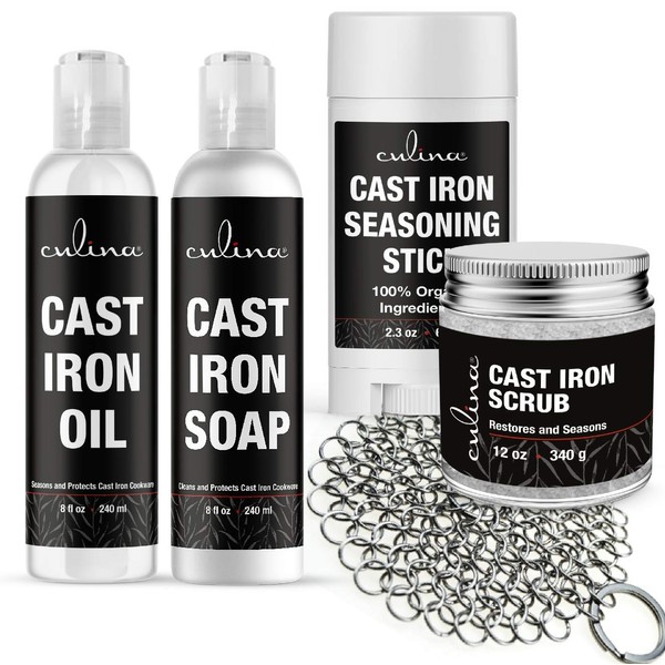 Culina Cast Iron Seasoning Stick & Soap & Oil Conditioner & Restoring Scrub & Stainless Scrubber | All Natural Ingredients | Best for Cleaning, Non-stick Cooking & Restoring | Cast Iron Cookware