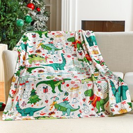 HunnmingRe Christmas Animal Blanket Cute Dinosaur Flannel Blanket Green Cartoon Soft Blanket for Dinosaur Lovers Sofa Bed, 50" x 60"