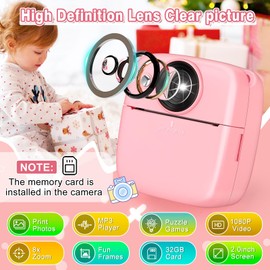 Kids Camera Instant Print, 1080P kids camera with 32GB Card & Print Paper, Large Screen Instant Camera Digital Video for Kids Toys Gifts for Boys & Girls Age 3-12 (Pink)