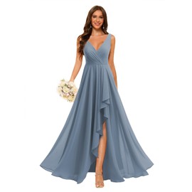 Loyeloy V Neck Split Dusty Blue Bridesmaid Dresses for Women with Pockets 2024 Long Ruffles Chiffon Formal Party Dresses for Wedding 8
