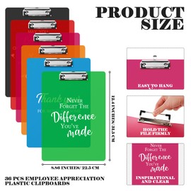 Thyle Employee Appreciation Gift Inspirational Plastic Clip Board Colored Clipboard with Low Profile Clip for School Office Coworker Team Back to School Graduation Gift, 12.4 x 8.86 Inches(36 Pcs)