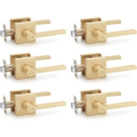 EHOMEWARE 6 Pack Door Handles, Satin Brass Door Knobs Privacy Function Without Keys, Bedroom Bathroom Door Knobs Interior for Left or Right Handed Doors, Gold Modern Door Levers