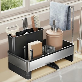 Thesurfpait Sponge Holder for Kitchen Sink, Stainless Steel Sink Caddy with Brush and Dishcloth Rack, Self Draining and Rustproof, Holds Soap Dispenser, Kitchen Countertop Storage Organizer (Black)