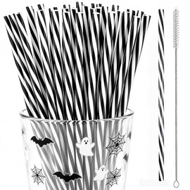 Reusable 30 Black White Striped Straws for Graduation Party,Halloween Favor