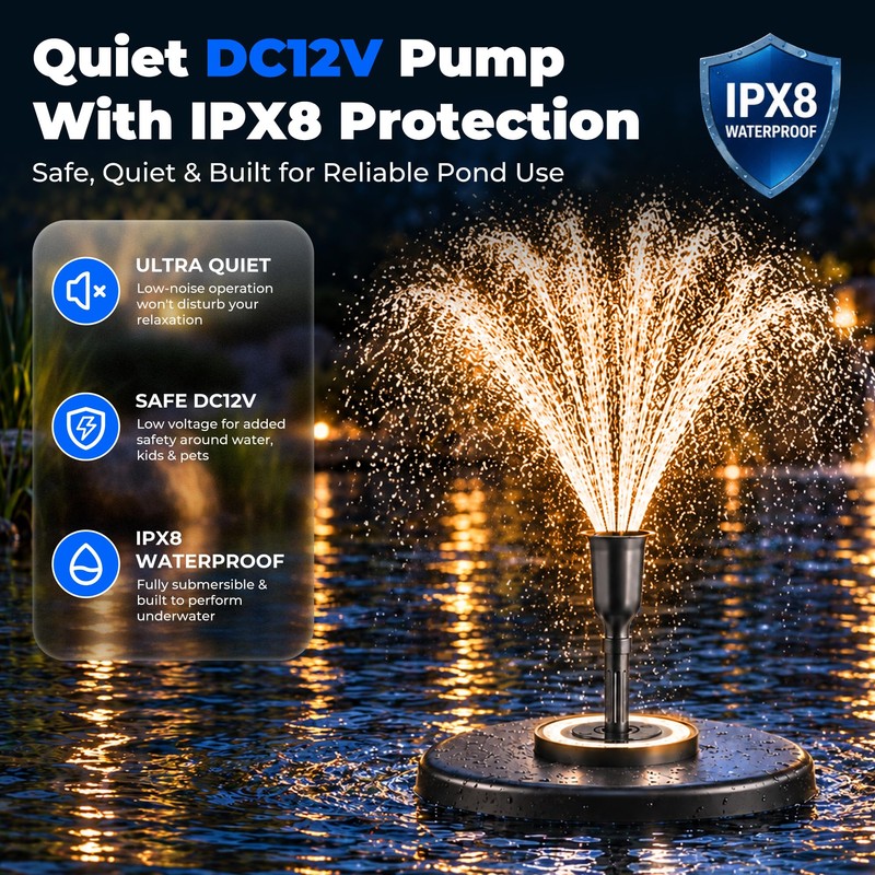 Floating Pond Fountain with RGB LED Lights, 400GPH, 3 Spray