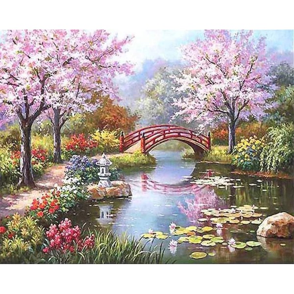 DIY Paint by Numbers Kits, Amiiba Cherry Blossom Trees Bridge Lake 16x20 inch Acrylic Painting by Number Wall Art Crafts (Cherry Blossom, Without Frame)