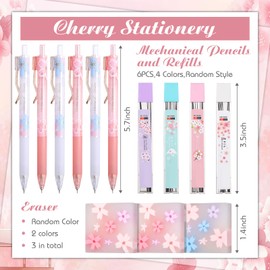 Crtiin 74 Pcs Kawaii Cherry Blossom Stationery Set Japanese Kawaii Pencil Bag Mechanical Pencil Cherry Erasers Pencil Refill and Stickers for Office Party Favors(Pink)