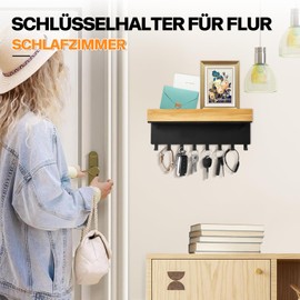 TINIFO Wooden Key Rack with Shelf - Key Holder Wall Black, Modern Key Rack with 8 Hooks for Hallway Kitchen, Entrance Area