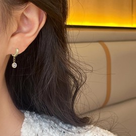 Small Round Disc Cubic Zirconia Dangle Hoop Earrings for Women Stainless Steel Minimalist Huggie Hoops Earrings Dangling Charm Drop Statement Earrings Jewelry