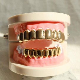 TSANLY 24K Plated Gold Grillz 8 Teeth Mouth Top & Bottom Set Hip Hop Bling Grills for Men + Microfiber Cloth