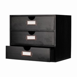 PACKGILO Wooden Storage Box Rustic Desktop Organizer with 3 Drawers Office Desk Accessories Shelf Large Craft Storage Containers Apothecary Cabinet and Chest Jewelry Holder for women(BLACK)