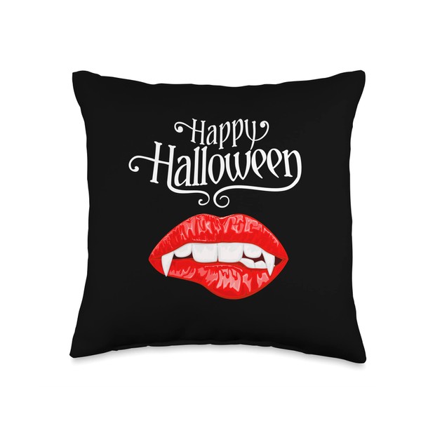 Vampire Teeth Lips Happy Halloween Throw Pillow