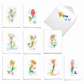 The Best Card Company - 10 Watercolor Blank Cards with Envelopes (4 x 5.12 Inch) Cute Animals, All Occasion Note Cards for Kids - Funky Rainbow Mermaids AM6863OCB-B1x10