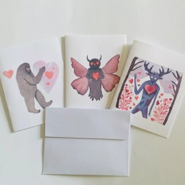 Cryptic Paper Co 3 Cryptid Valentine’s Day Love Cards with Envelopes: Wedigo, Mothman, & Bigfoot