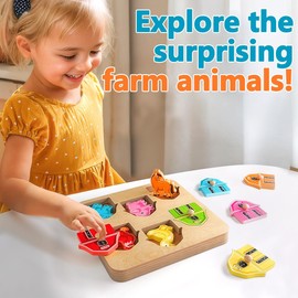 KmmiFF Wooden Puzzle 1 Year, Farm Animal Gripping Puzzle Wooden Toy, Motor Skills Toy, Sorting Game, Educational Toy, Baby Toy, Birthday, Easter Gift for Girls, Boys, Children, Baby 12 18 Months 1 2