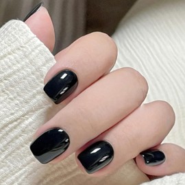 WAFOLOZE Black Press on Nails Short, 24pcs Nails Press on Solid Colour Square Fake/False Nails with Press ons Designs Acrylic Press on Nails Gloss Artificial Nails Stick on Nails for Women