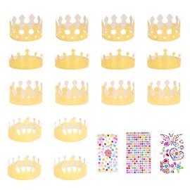 ZWZNBL Pack of 16 Gold Party Paper Crown Hats with 111 Pieces Super Glitter Colourful Number Letter Diamond Stickers King Crown Party Hats Party Supplies Birthday Hats for Kids, gold