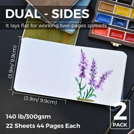 Funto Watercolor Journal 2-Pack, 3.9x3.9, 44 Pages Each,Cold-Pressed 100% Cotton, Pearlescent PU Leather Brown Hard Cover, Art Supplies for Watercolor